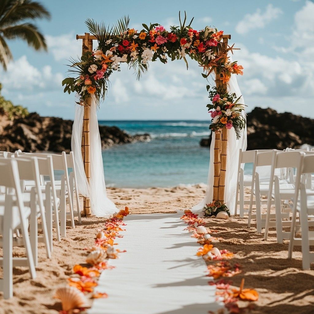 Elopement ceremony setup on Antalya beach with elegant decor, surrounded by turquoise waters and golden sand