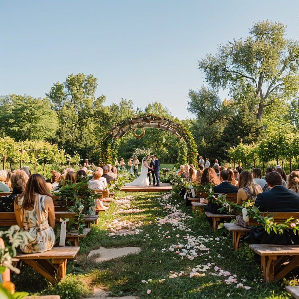 Elopement ceremony setup in a lush green garden in Antalya, featuring vibrant flowers and charming decor.