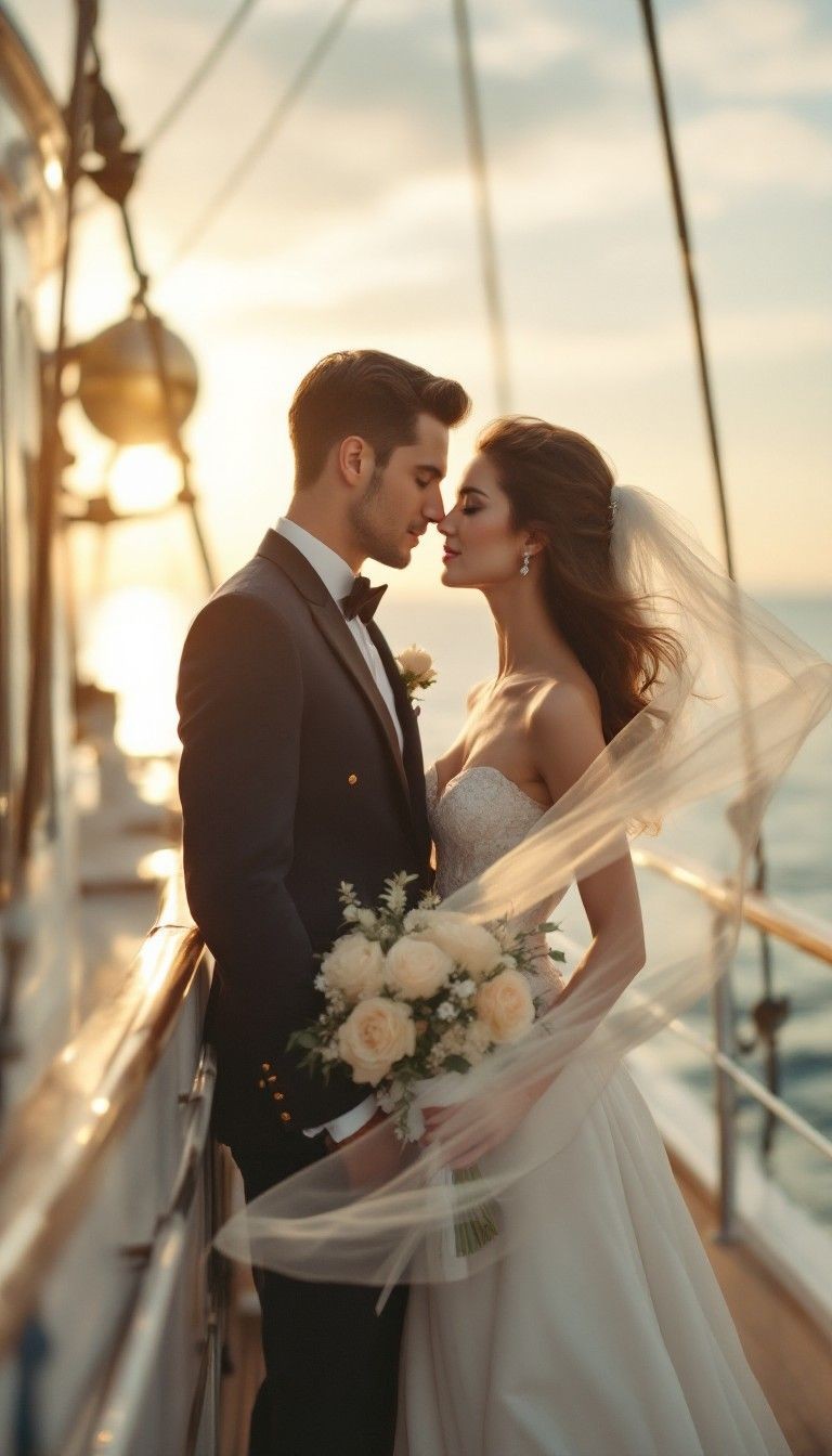 Couple standing together on a yacht after their elopement ceremony, with the Mediterranean Sea in the background