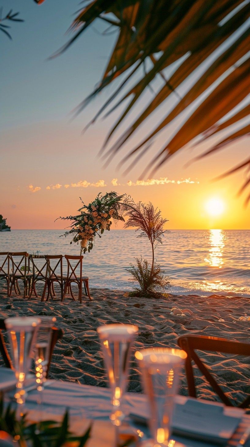 Elopement ceremony setup on Antalya beach with elegant decor, surrounded by turquoise waters and golden sand